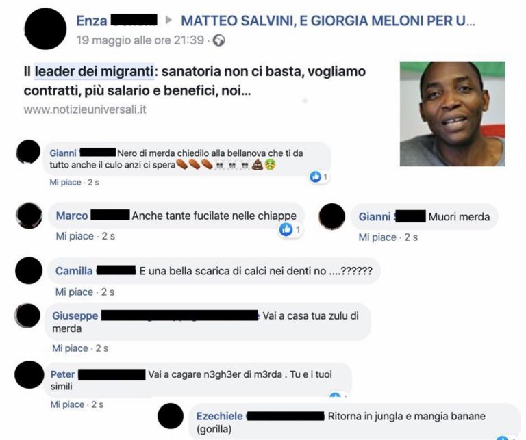 Nel gruppo Fb di Salvini e Meloni frasi shock contro il sindacalista Soumahoro